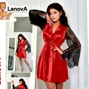 Bridal Robe Red lace sleeve Robe wedding kimono Robe short bride satin Robe 💕